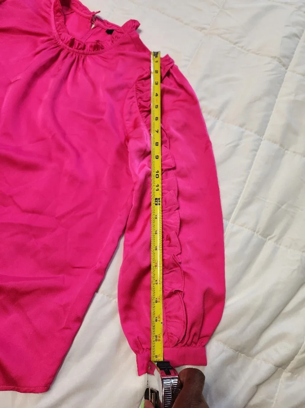 J. Crew Ruffle-Trim Satin Long Sleeve Blouse - Hot Pink